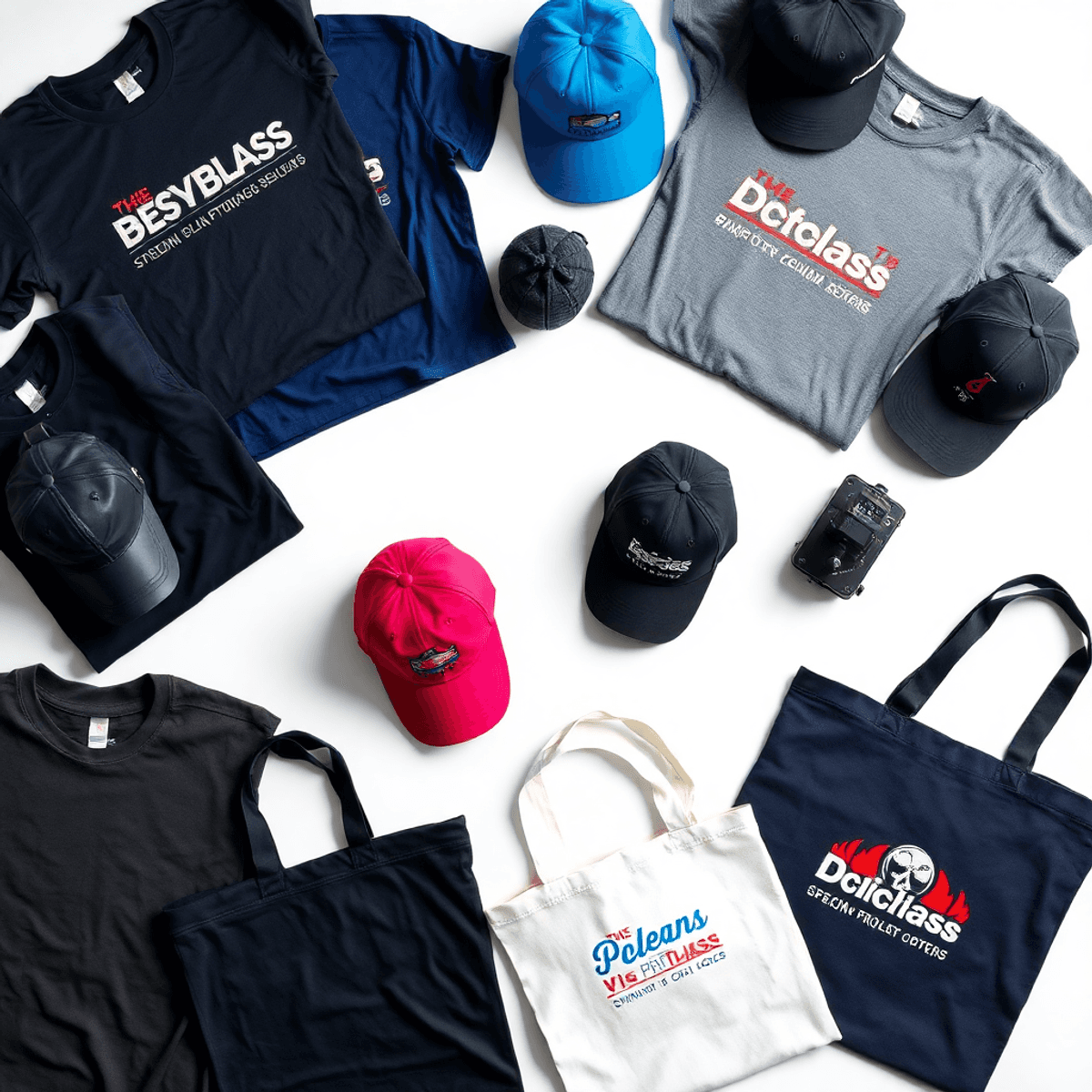 Custom branded T-shirts, hats, and tote bags displayed with screen printing frames and heat press machines on a bright, clean background.