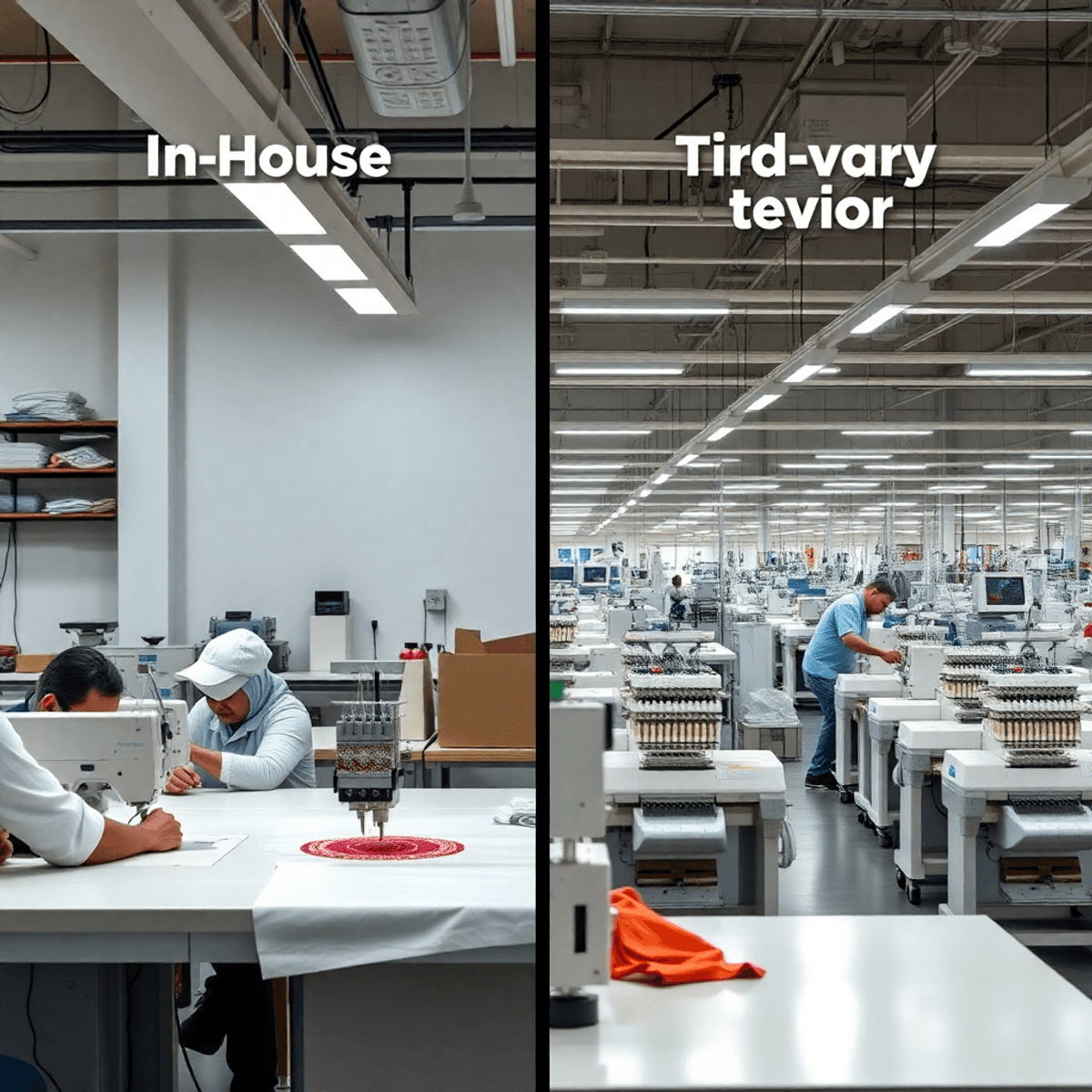 Comparison of In-house production of embroidery services versus a third party vendor reflecting the text In-house and Third party