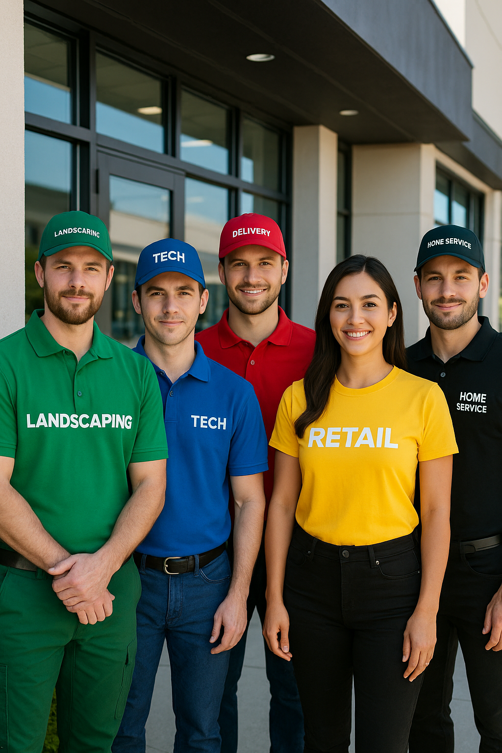 High-resolution digital photograph of five employees from different industries (landscaping, tech, delivery, retail, and home services) each wearing branded app