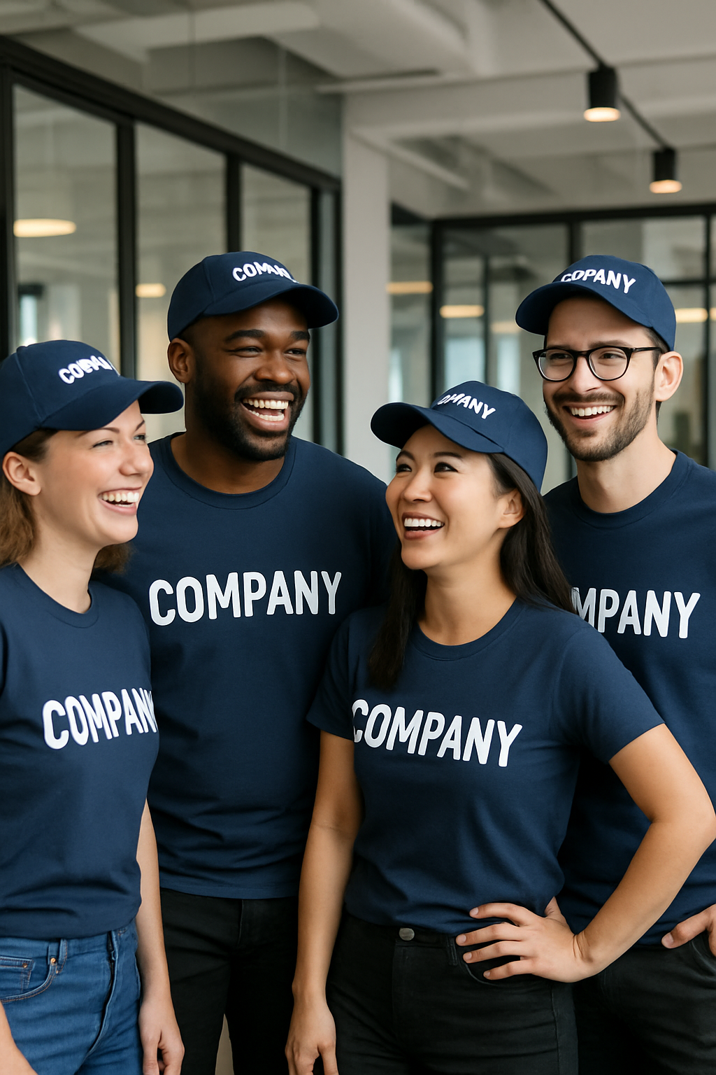 Happy employees in branded hats and t-shirts smiling and interacting in a modern office, showing pride and connection to their company.