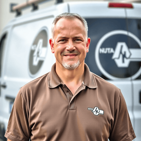 A service business owner (plumber, contractor, tech specialist) wears a polo with a large embroidered logo—clearly visible and well-placed. In the background is