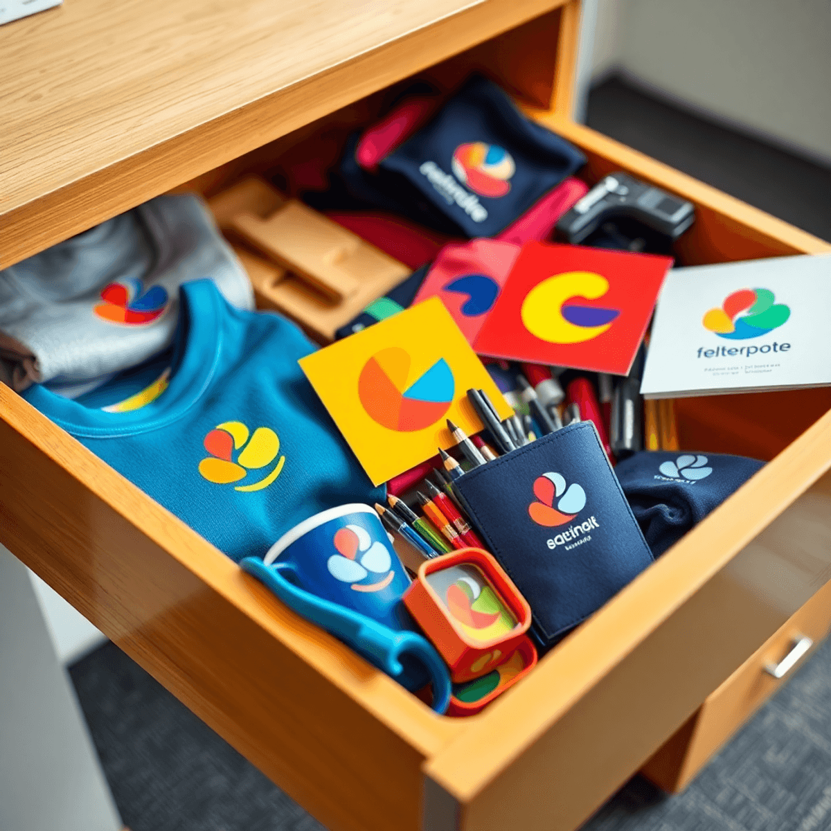 Office drawer neatly organized with colorful branded apparel, mugs, pens, and signage displaying vibrant logos and brand colors in a bright setting.