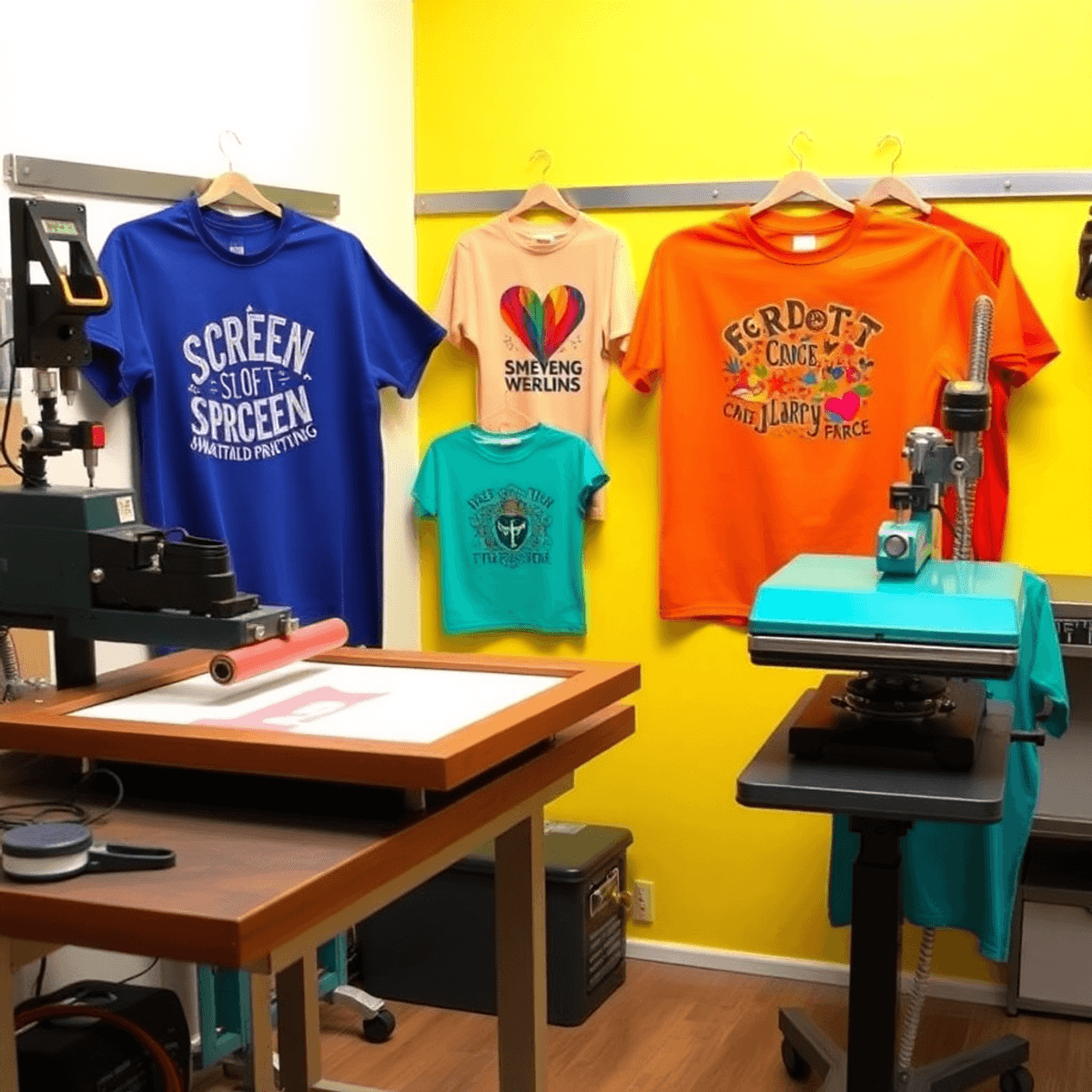 A vibrant workspace with screen printing tools and a heat press machine, colorful printed garments displayed, showcasing two clothing decoration methods.