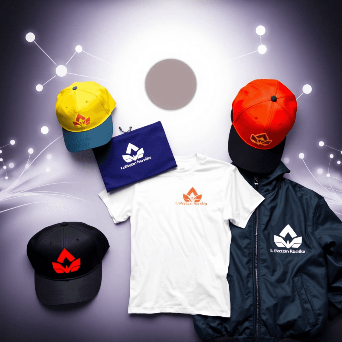 Custom branded hats, shirts, and jackets with clear logos arranged against a modern marketing backdrop featuring abstract elements symbolizing connection and en