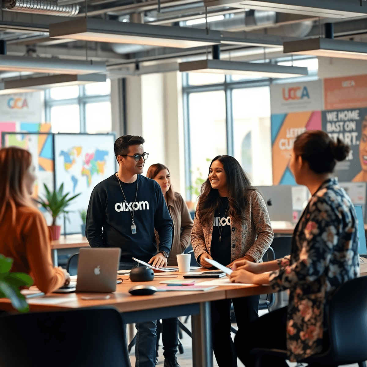 A modern workspace with professionals collaborating in branded apparel, surrounded by colorful design elements and marketing materials.