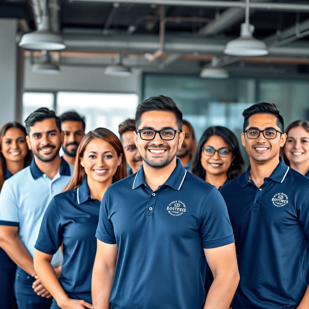 A modern office with customers in stylish branded polo shirts, collaborating in a dynamic marketing environment.