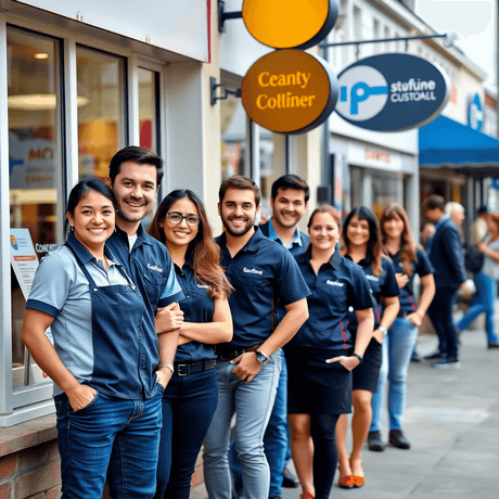 A small team in matching branded uniforms stands outside their business, smiling and engaging warmly with customers in a friendly community setting.
