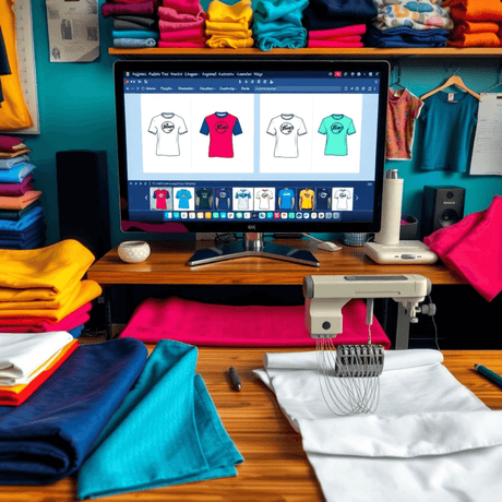 A vibrant workspace with fabric swatches, embroidery tools, and a computer screen showing custom apparel designs.