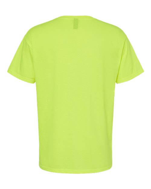 Back view of a bright green Embroidery t-shirt on a white background