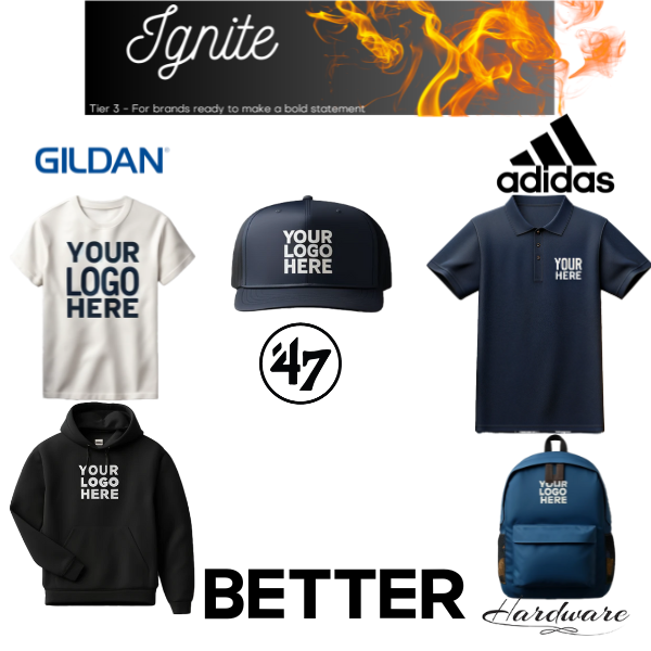 Imprint Connect- Design Yours Today. What's included:
Gildan Midweight T-shirt with your logo embroidered
Adidas Performance Polo with your logo embroidered
Your choice of a 47 Brand Dad Cap or Richardson 112 Trucker Hat with your logo embroidered
Hardware Heritage Canvas Backpack with your logo embroidered
Gildan Midweight Hooded Sweatshirt with your logo embroidered
Art work fee + Free Shipping included in price!
