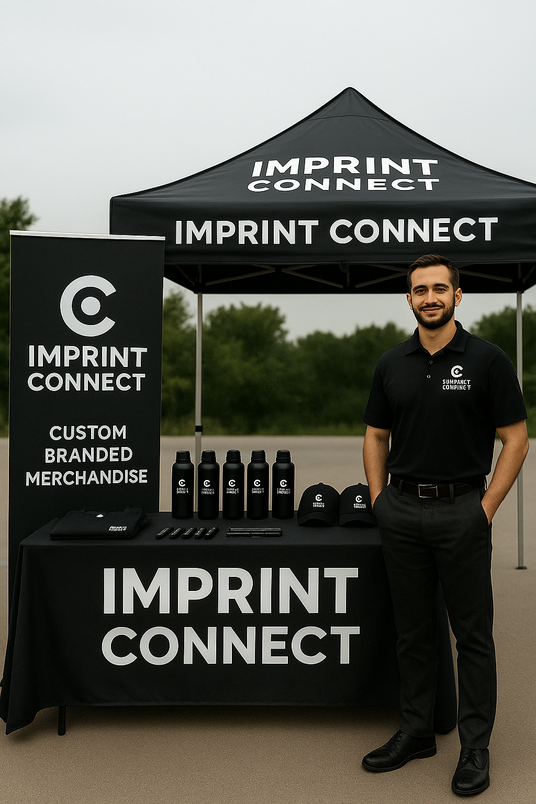 Man standing next to branded promotional materials with 'Imprint Connect' branding.