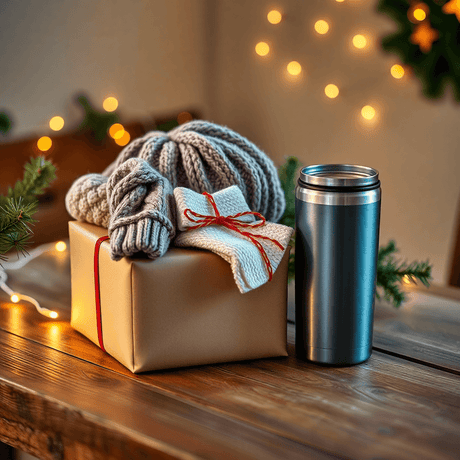 Holiday gift bundle with a cuffed beanie, insulated tumbler, pine branches, and glowing lights on a rustic wooden table.