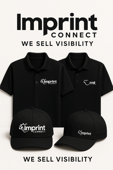 Custom embroidered Imprint Connect polos and hats with strategic logo placements on a clean white background with the words Imprint Connect " We Sell Visibility