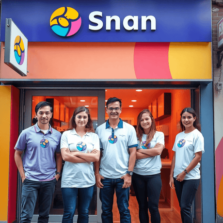 Vibrant storefront business with employees in matching branded apparel and clear signage displaying the company business logo and colors, showcasing professiona