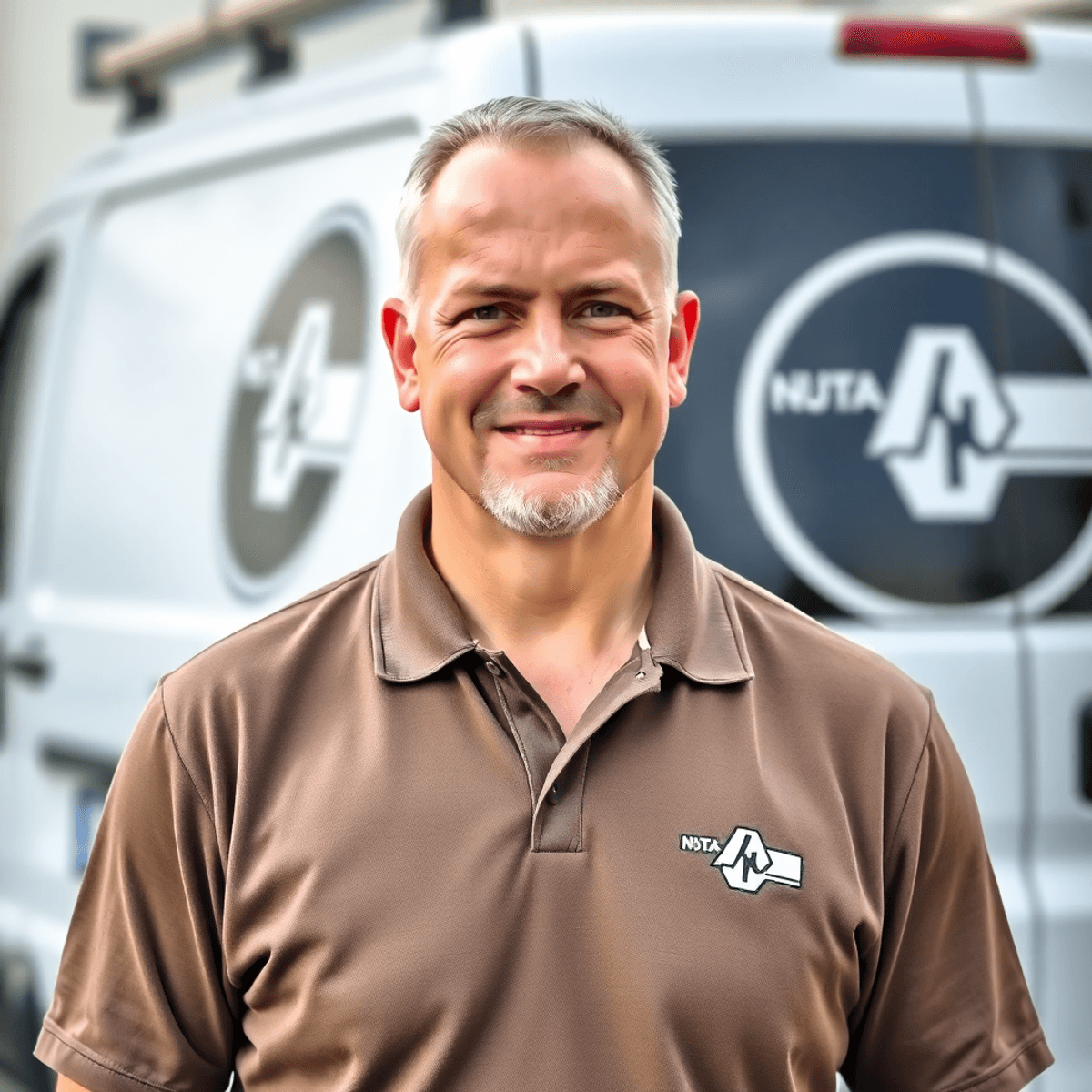 A service business owner (plumber, contractor, tech specialist) wears a polo with a large embroidered logo—clearly visible and well-placed. In the background is