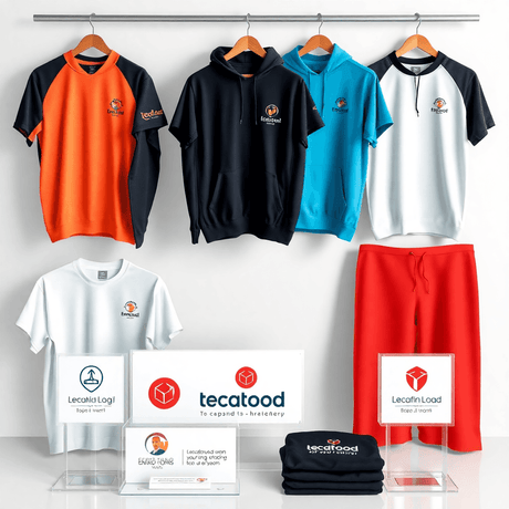 Display of custom embroidered shirts, hoodies, and clear business signs with logos on a clean, modern background.