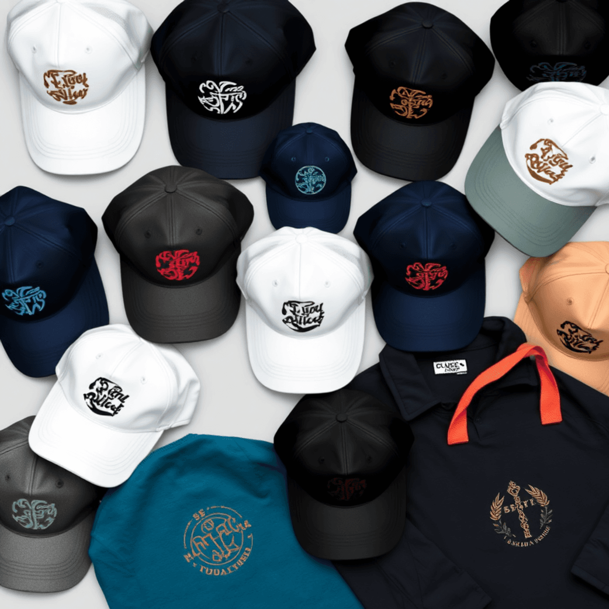 A variety of embroidered custom pieces such as hats, jackets, aprons, polos and tote bags
