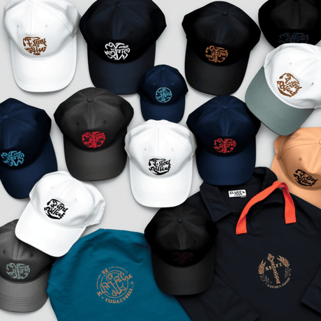A variety of embroidered custom pieces such as hats, jackets, aprons, polos and tote bags