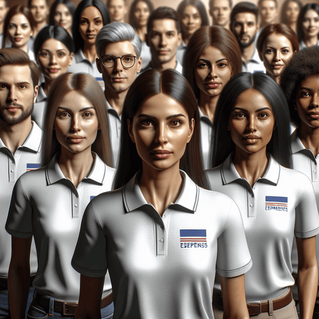 A diverse group of professionals, including Caucasian, Hispanic, and Asian individuals, wearing custom embroidered polo shirts with subtly displayed company log