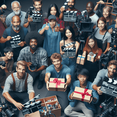 A diverse group of three production assistants on a film set, featuring a Caucasian woman, a Hispanic man, and an Asian woman. They are engaged in a collaborati