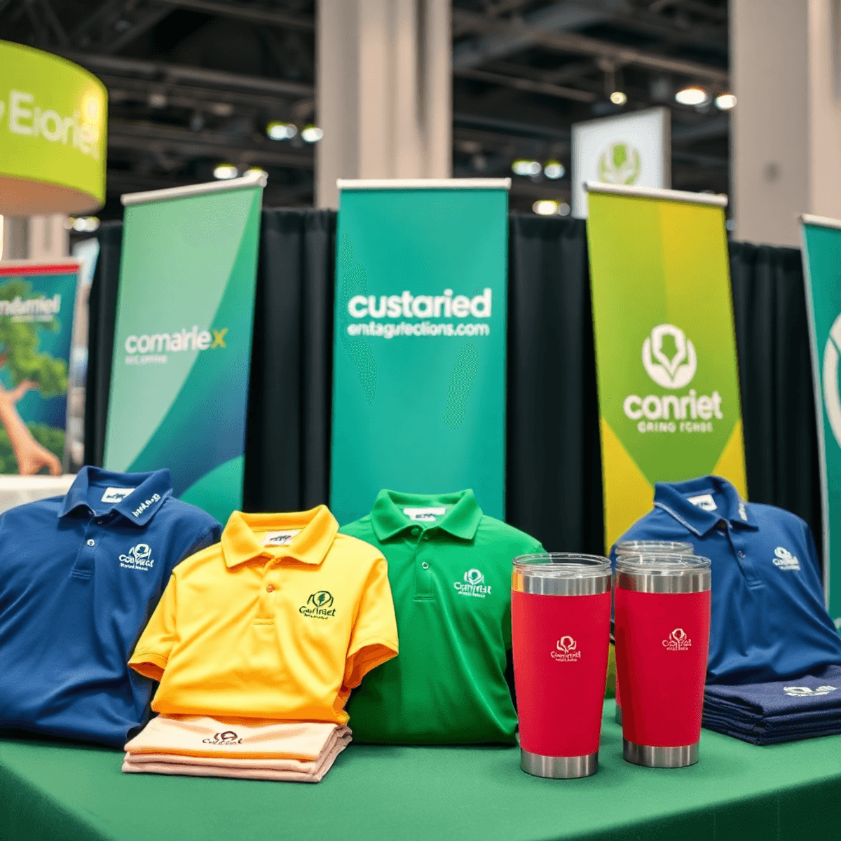 Branded signage, embroidered polo shirts, and tumblers with matching logos and colors displayed neatly on a table at a trade show.