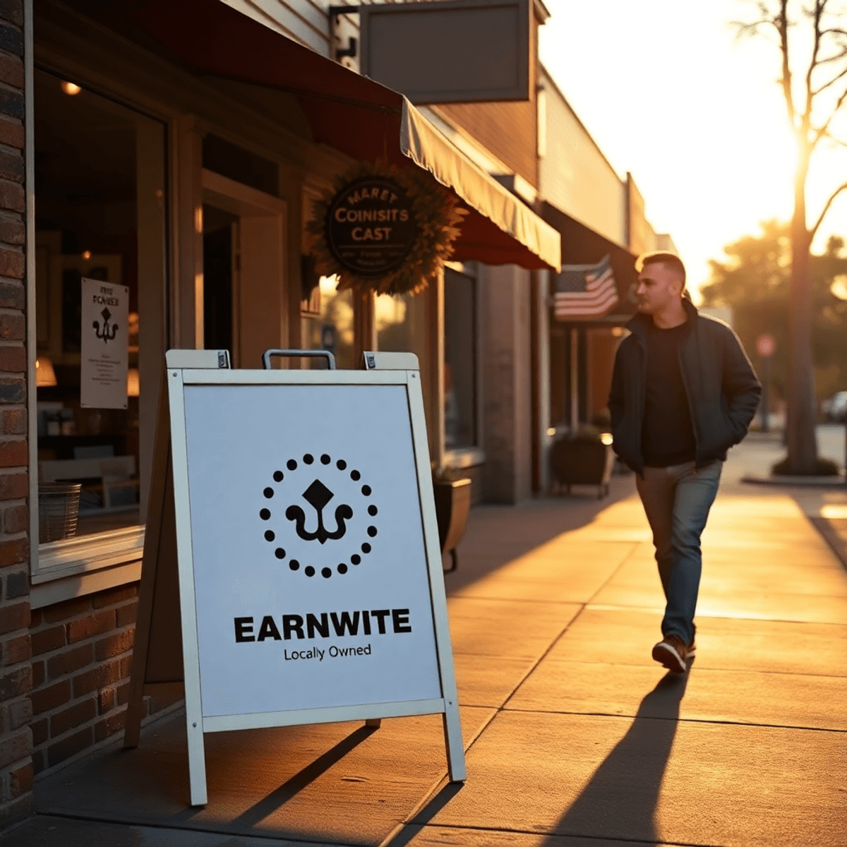 A passing customer glances at the sign while walking by. The scene feels natural, trustworthy, and locally owned. Emphasize the impact of signage and visibility