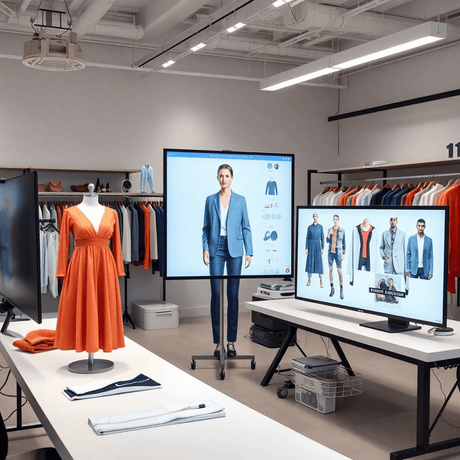 Modern clothing design studio with AI tech, digital garment customization on screens, and personalized apparel samples displayed neatly.