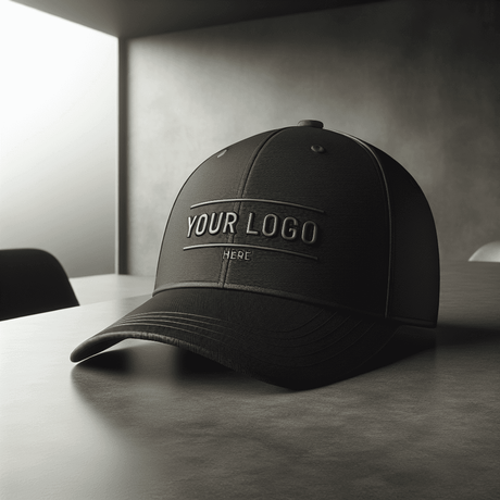 A Sleek Black Baseball Cap with the words "Your Logo Here" on the front