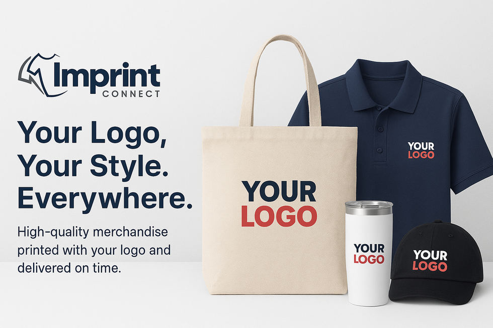 Promotional image of branded merchandise including a tote bag, polo shirt, tumbler, and cap with 'YOUR LOGO' text.