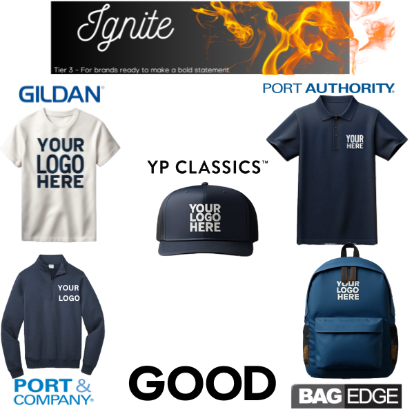 Imprint Connect- Design Yours Today What's included:
-Gildan Heavy Cotton T-shirt with your logo embroidered
-Port Authority Silk Touch Performance Polo with your logo embroidered
-Your choice of a YP Classics Trucker Hat or ValuCap Bio-washed Classic Dad Cap with your logo embroidered
-BAGedge Commuter Backpack with your logo embroidered
-Port & Company 1/4 Zip Pullover Fleece Sweatshirt with your logo embroidered
- Art work fee + Free Shipping included in price!