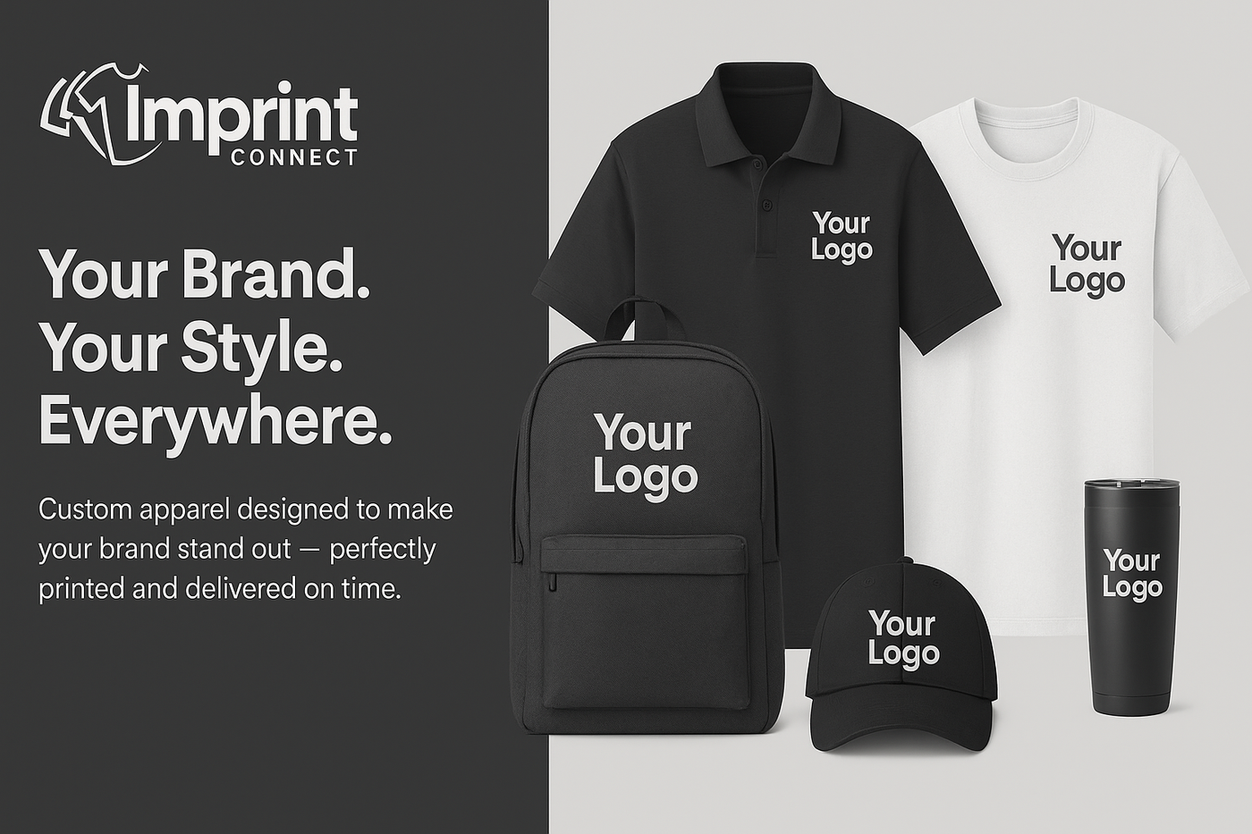 Promotional image of branded apparel and accessories with 'Your Logo' text. Imprint Connect provides white-glove support for Atlanta’s trusted print shop, offering custom shirts with no minimum order, branded apparel, signage, and promotional products.