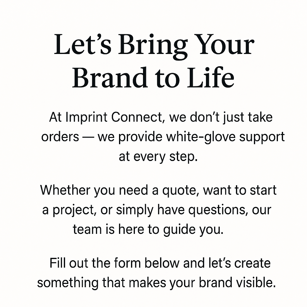 Imprint Connect contact page banner with text: “Let’s Bring Your Brand to Life.” Description highlights white-glove support for Atlanta’s trusted print shop, offering custom shirts with no minimum order, branded apparel, signage, and promotional products.