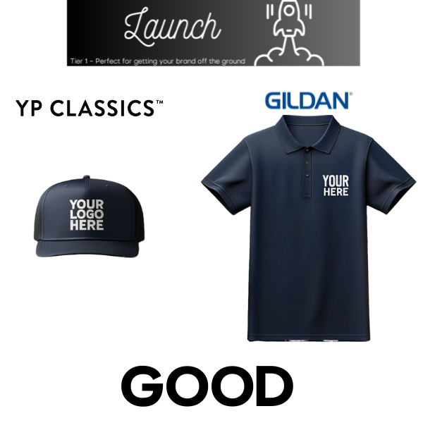 Imprint Connect- Design Yours Today. What's included:
- Gildan Softstyle Pique Polo with your logo embroidered
- Your Choice of a YP Classics Retro Trucker Hat OR Valucap Bio-washed Classic Dad Cap with your logo embroidered- Art work fee included in price!