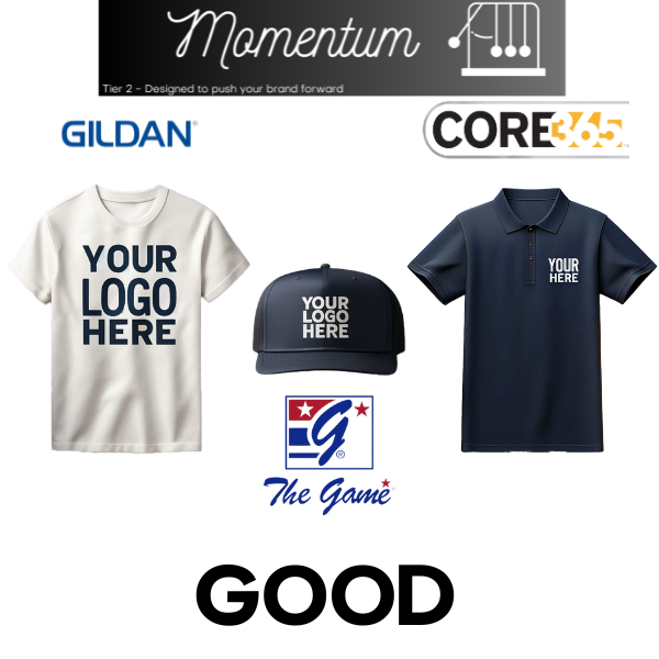 Imprint Connect- Design Yours Today.  What's included:
-Gildan Softstyle T-shirt with your logo embroidered
-Core 365 Performance Pique Polo with your logo embroidered 
-Your choice of The Game Everyday Trucker Hat or ValuCap Bio-washed Classic Dad Cap with your logo embroidered 
- Art work fee + Free Shipping included in price!