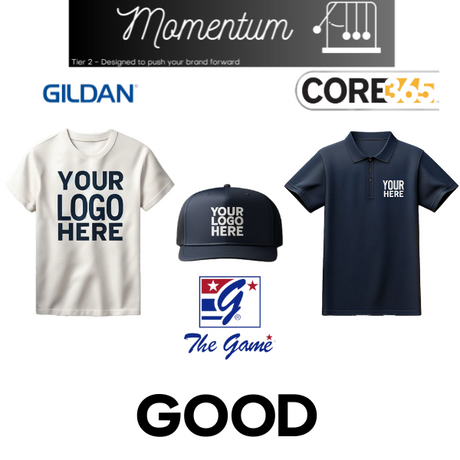 Imprint Connect- Design Yours Today.  What's included:
-Gildan Softstyle T-shirt with your logo embroidered
-Core 365 Performance Pique Polo with your logo embroidered 
-Your choice of The Game Everyday Trucker Hat or ValuCap Bio-washed Classic Dad Cap with your logo embroidered 
- Art work fee + Free Shipping included in price!